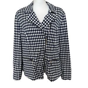 Chico's Jacket Women's Size 2 Large 12/14 Gingham Blue White Check Moto Zip
